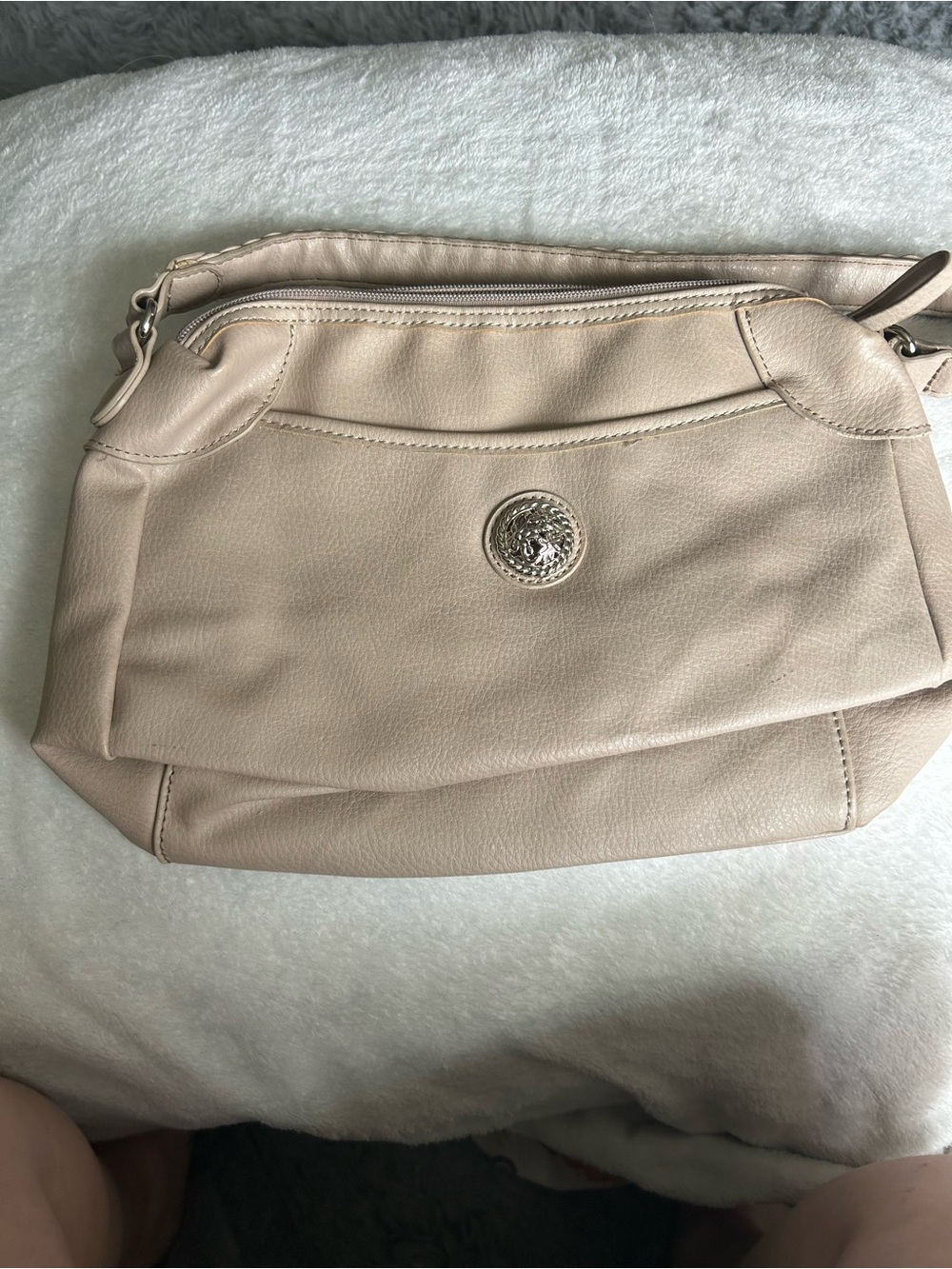 Soft Cream Leather Shoulder Bag with Silver Medallion